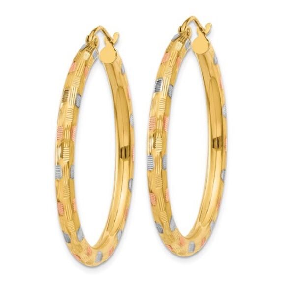 Showstopping 14k Yellow Gold Hoop Earrings with White and Rose Rhodium Accents - Picture 1 of 5